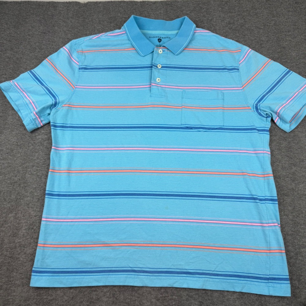 Saddlebred Polo Shirt Mens‎ Large Blue Striped Short Sleeve Pocket Jersey Cotton